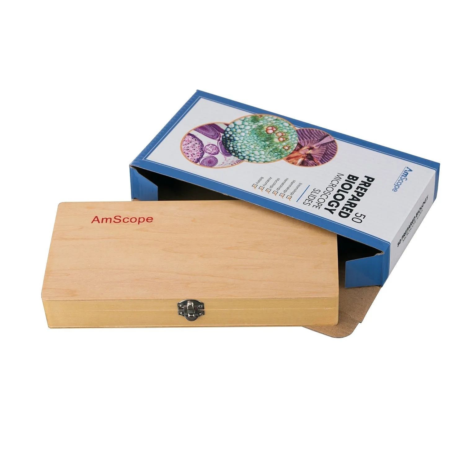 AmScope 50pc Prepared Glass Microscope Slides in Wood Case with Plant, Fungus, Insect and Mammal Specimens