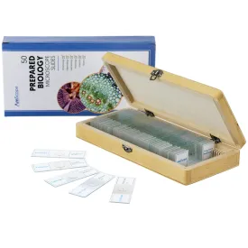 AmScope 50pc Prepared Glass Microscope Slides in Wood Case with Plant, Fungus, Insect and Mammal Specimens