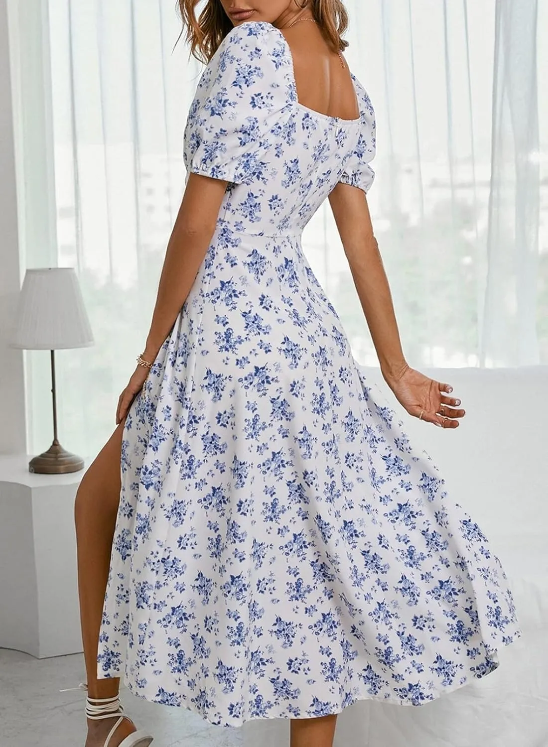 BLENCOT Womens Casual Summer Square Neck Short Sleeve Split Thigh Dress Boho Floral Print Tie Front Midi Dresses