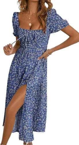 BLENCOT Womens Casual Summer Square Neck Short Sleeve Split Thigh Dress Boho Floral Print Tie Front Midi Dresses