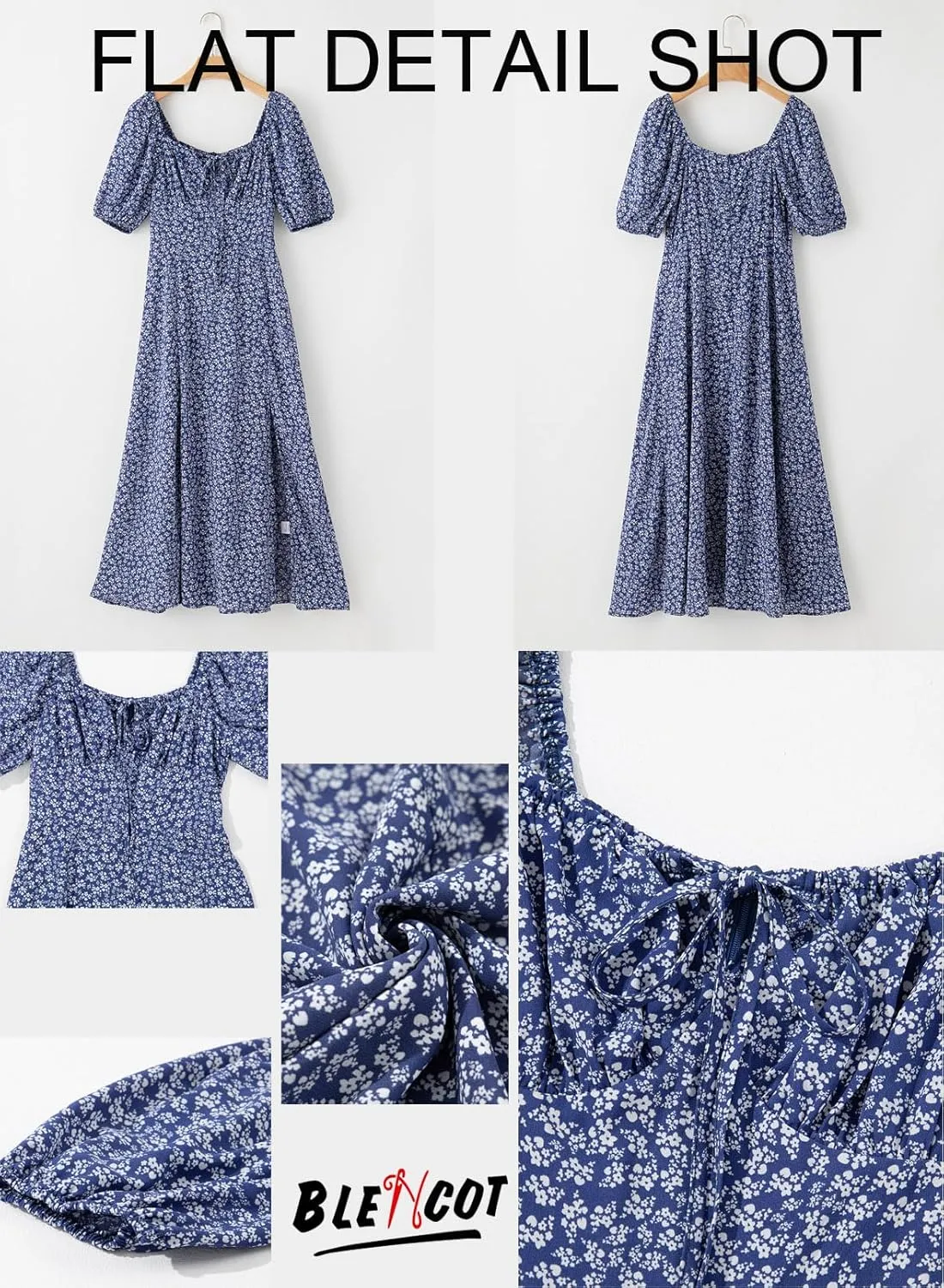 BLENCOT Womens Casual Summer Square Neck Short Sleeve Split Thigh Dress Boho Floral Print Tie Front Midi Dresses