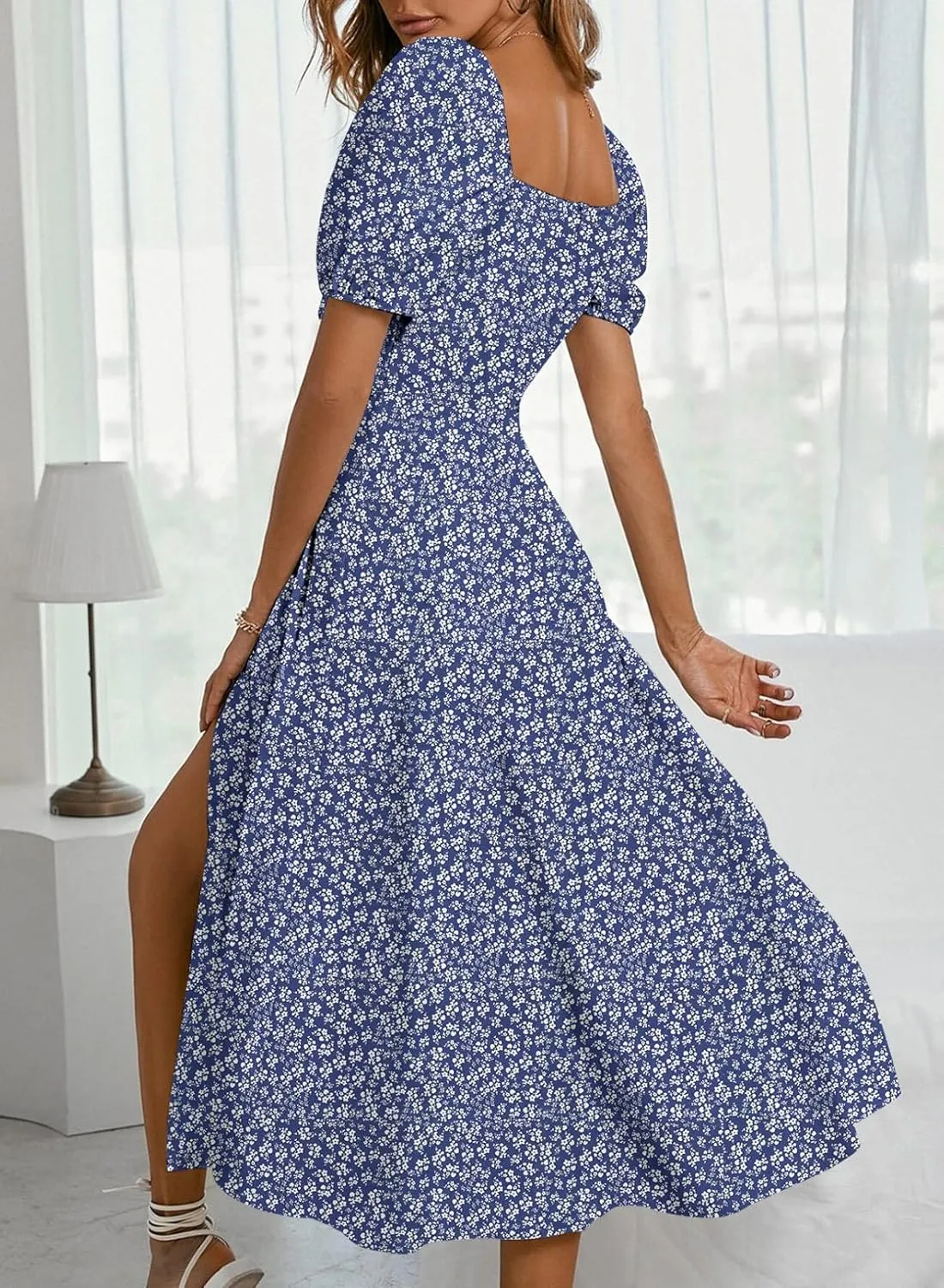 BLENCOT Womens Casual Summer Square Neck Short Sleeve Split Thigh Dress Boho Floral Print Tie Front Midi Dresses
