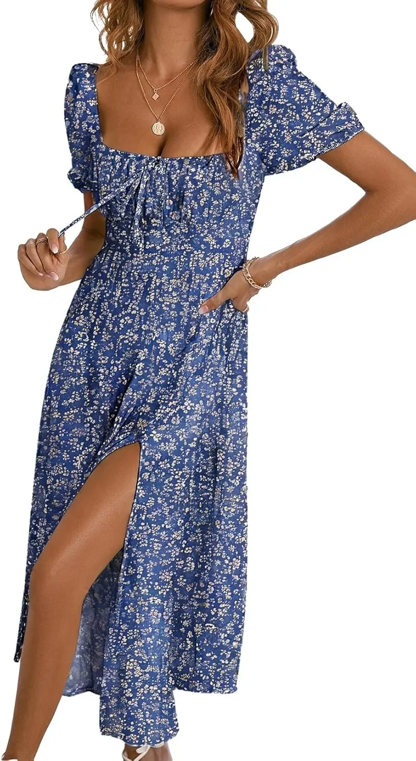 BLENCOT Womens Casual Summer Square Neck Short Sleeve Split Thigh Dress Boho Floral Print Tie Front Midi Dresses