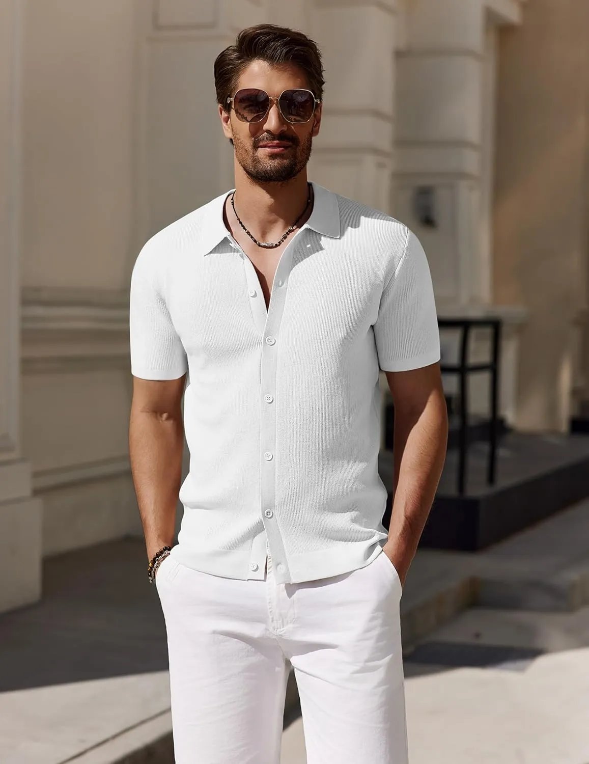 COOFANDY Men's Vintage Knit Shirt Short Sleeve Button Down Polo Shirts for Summer Casual & Vacation