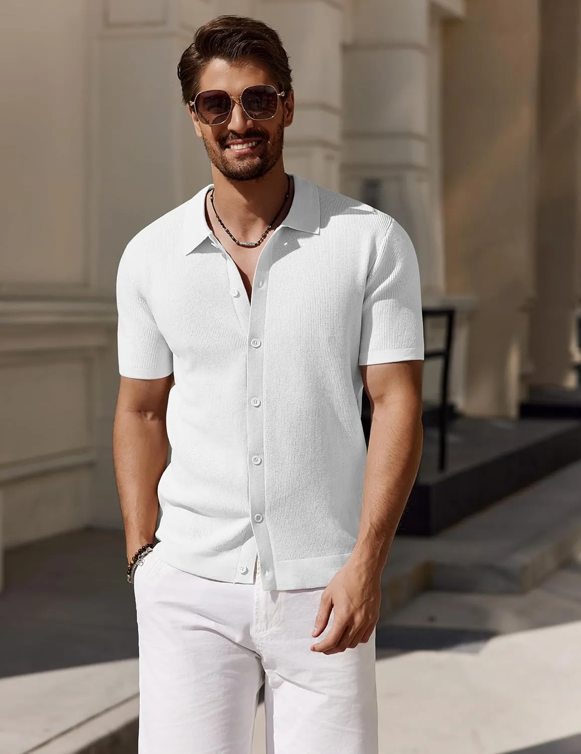 COOFANDY Men's Vintage Knit Shirt Short Sleeve Button Down Polo Shirts for Summer Casual & Vacation