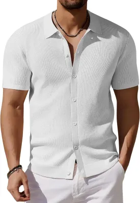 COOFANDY Men's Vintage Knit Shirt Short Sleeve Button Down Polo Shirts for Summer Casual & Vacation