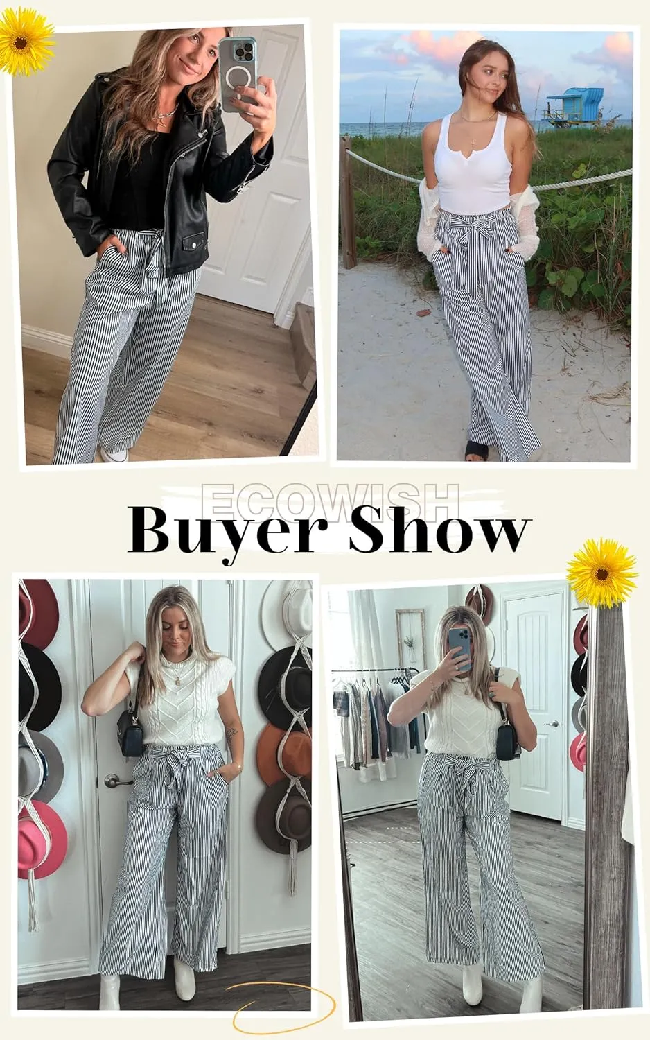 ECOWISH Palazzo Pants for Women Casual 2025 Summer Loose Baggy Wide Leg Flowy High Waisted Polka Dot Trouser with Belt Pocket