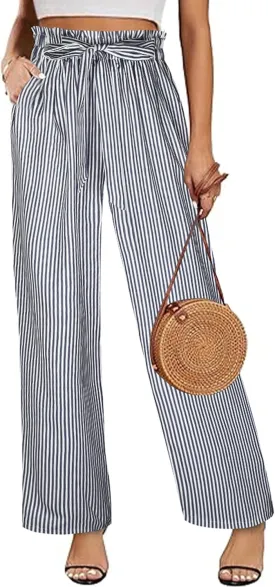 ECOWISH Palazzo Pants for Women Casual 2025 Summer Loose Baggy Wide Leg Flowy High Waisted Polka Dot Trouser with Belt Pocket