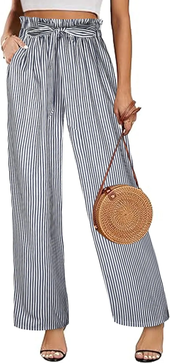 ECOWISH Palazzo Pants for Women Casual 2025 Summer Loose Baggy Wide Leg Flowy High Waisted Polka Dot Trouser with Belt Pocket