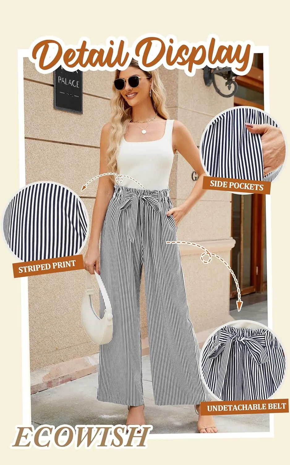 ECOWISH Palazzo Pants for Women Casual 2025 Summer Loose Baggy Wide Leg Flowy High Waisted Polka Dot Trouser with Belt Pocket