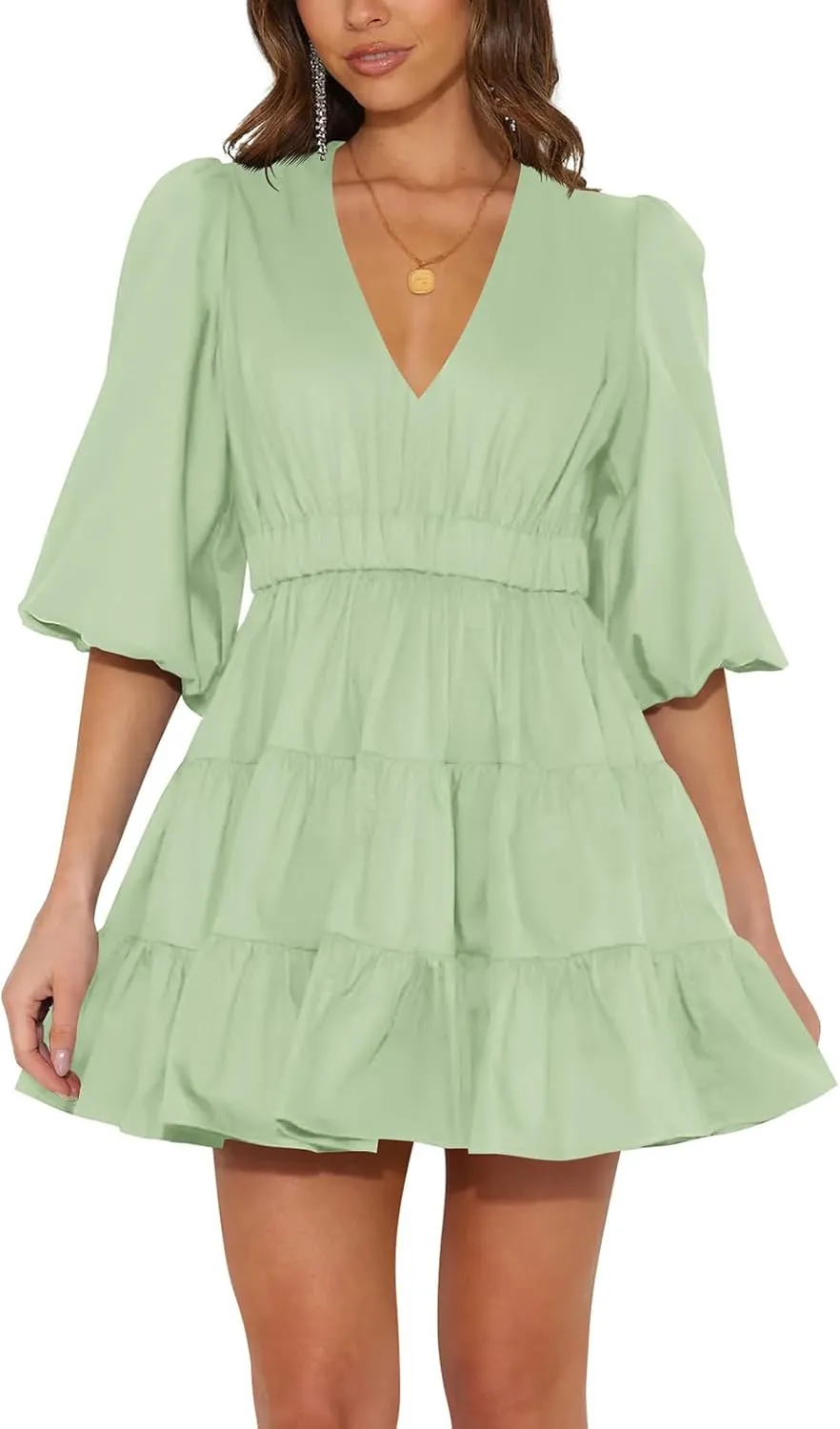 firfig Women's Casual Summer Dresses V Neck Half Sleeve Elastic Waist Flowy Tiered Short Mini Dress S-XXL