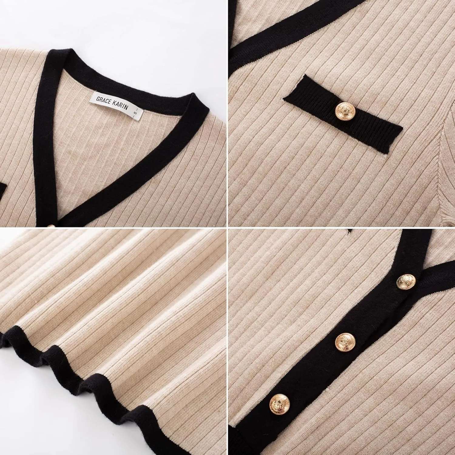 GRACE KARIN Women's Ribbed Knit Bodycon Sweater Dress Button Long Sleeve V Neck Elegant Midi Pullover Dresses