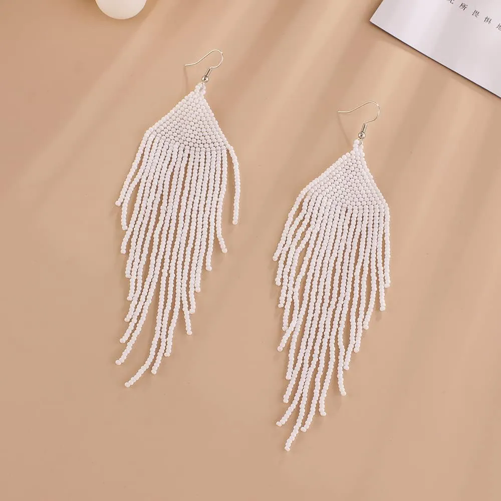 Handmade Beaded Tassel Earrings - Boho Drop Fringe Earrings for Women, Native American Indian Earrings