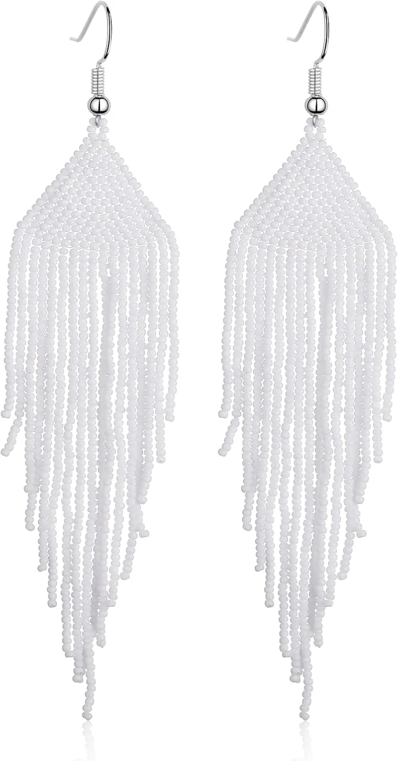 Handmade Beaded Tassel Earrings - Boho Drop Fringe Earrings for Women, Native American Indian Earrings