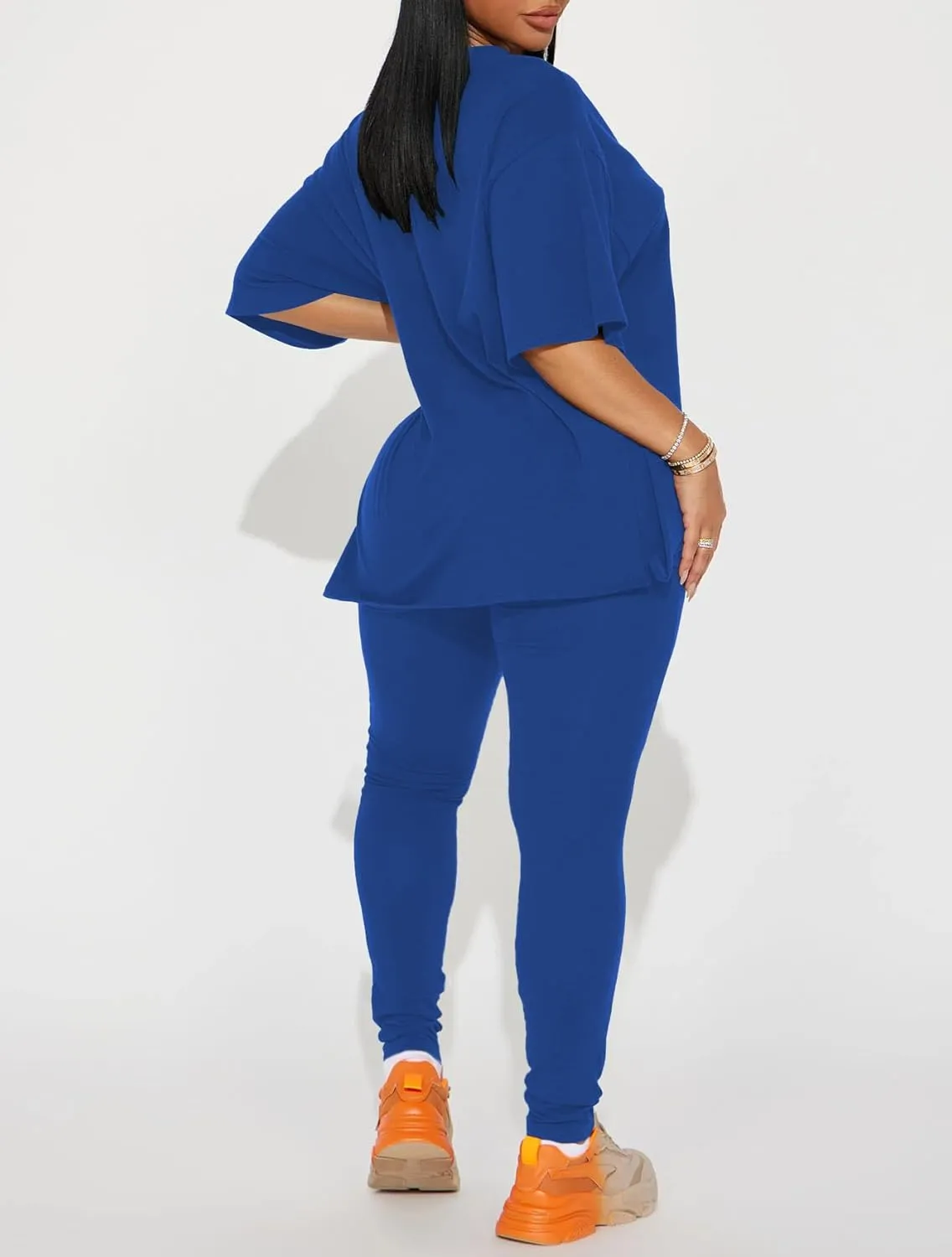 HBQ Women 2 Piece Outfits Summer Oversize Sweatsuits Drop Shoulder Split Hem Tracksuits Biker Short Workout Jogger Sets