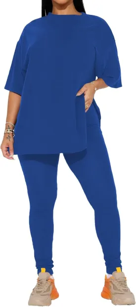 HBQ Women 2 Piece Outfits Summer Oversize Sweatsuits Drop Shoulder Split Hem Tracksuits Biker Short Workout Jogger Sets