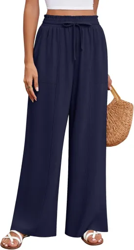 Huukeay Women's Linen Wide Leg Pants, High Waist Flowy Palazzo Pants with Pockets Drawstring Summer Casual Work Trousers