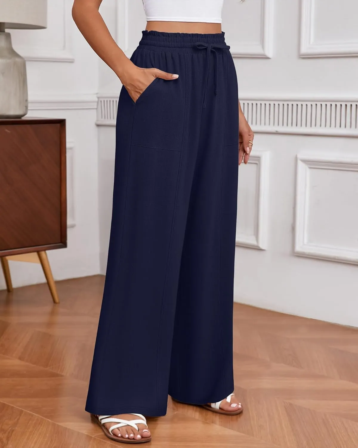 Huukeay Women's Linen Wide Leg Pants, High Waist Flowy Palazzo Pants with Pockets Drawstring Summer Casual Work Trousers