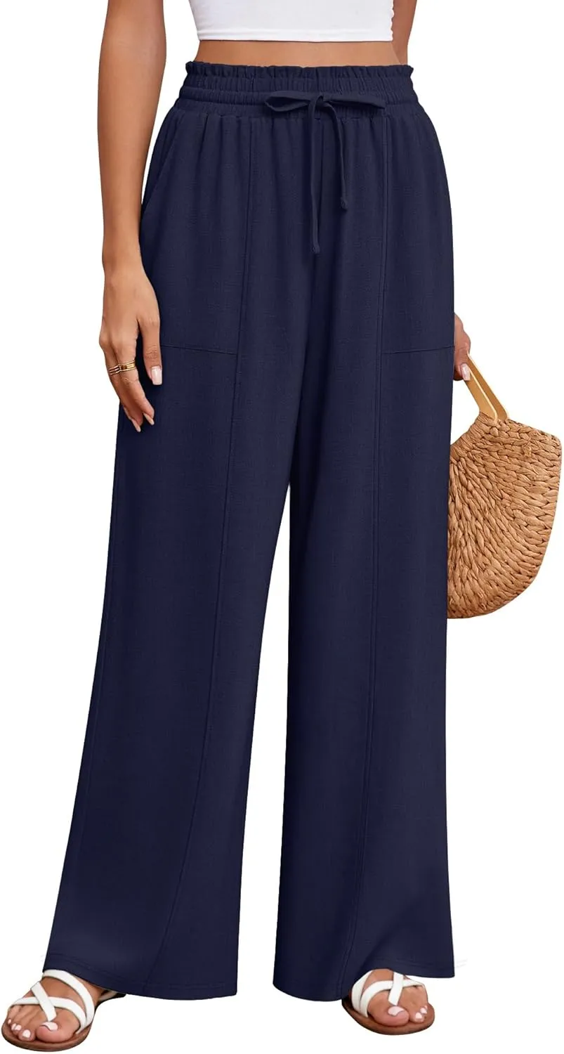 Huukeay Women's Linen Wide Leg Pants, High Waist Flowy Palazzo Pants with Pockets Drawstring Summer Casual Work Trousers