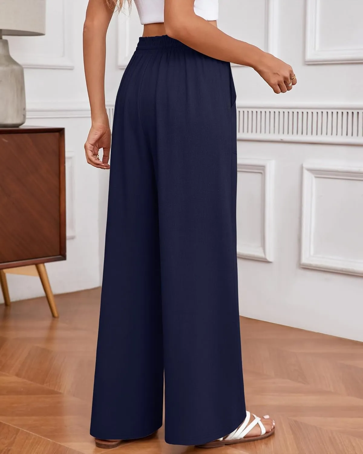 Huukeay Women's Linen Wide Leg Pants, High Waist Flowy Palazzo Pants with Pockets Drawstring Summer Casual Work Trousers