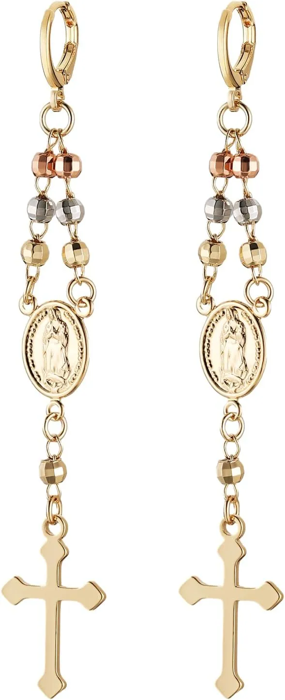 HZMAN Gold Cross Earrings for Women Virgin Mary Dangle Drop Earrings