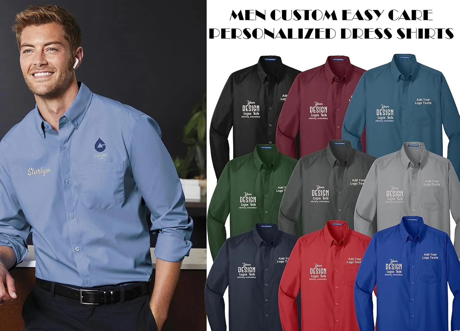 INK STITCH Men W100 Custom Personalized Embroidery Add Logo Texts Easy Care Long Sleeve Dress Buttondown Shirts