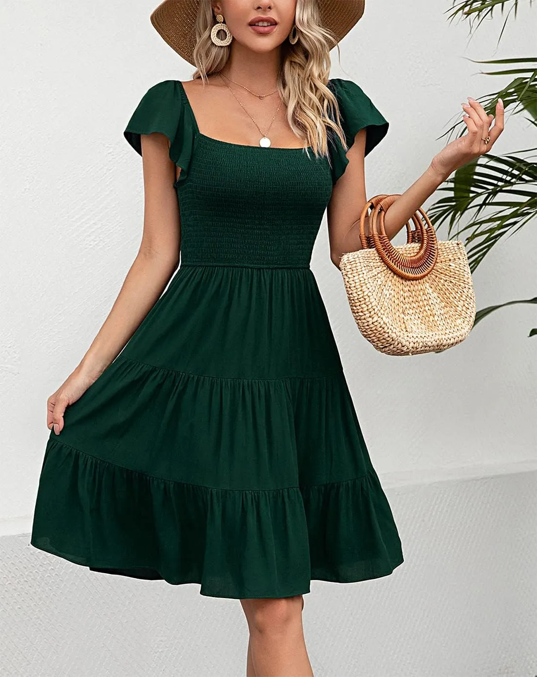 Kormei Women Smocked Square Neck Short Sleeve Boho Flowy Knee Length Sundresss Casual Summer Beach Short Dress