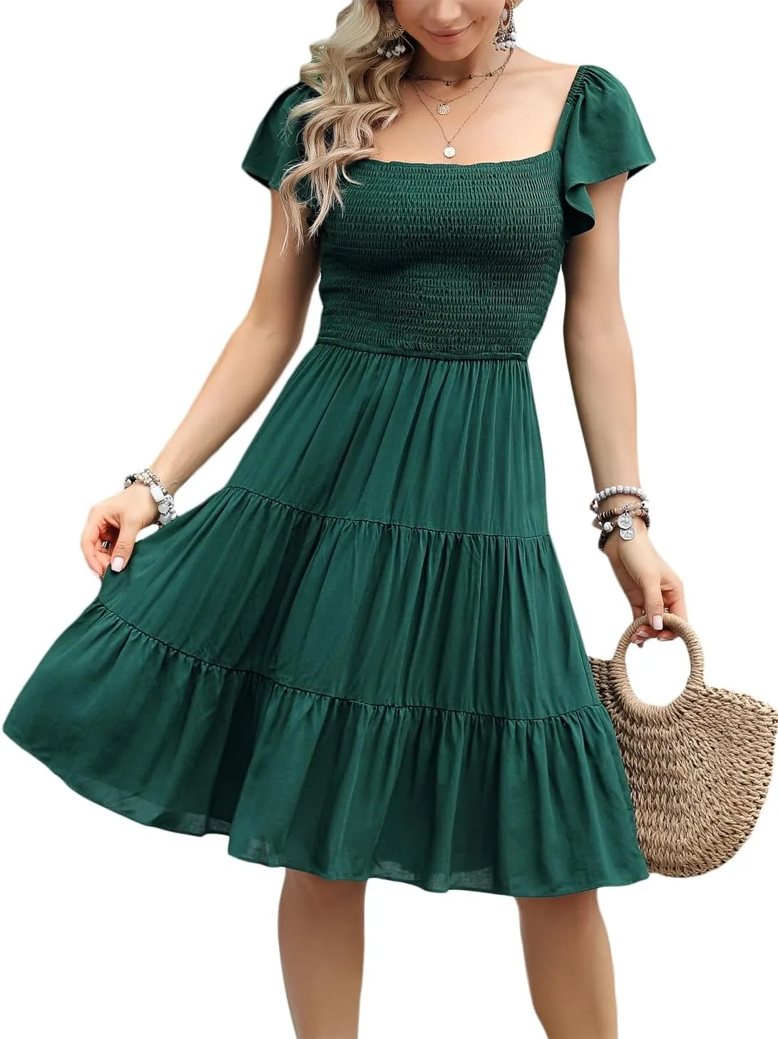 Kormei Women Smocked Square Neck Short Sleeve Boho Flowy Knee Length Sundresss Casual Summer Beach Short Dress