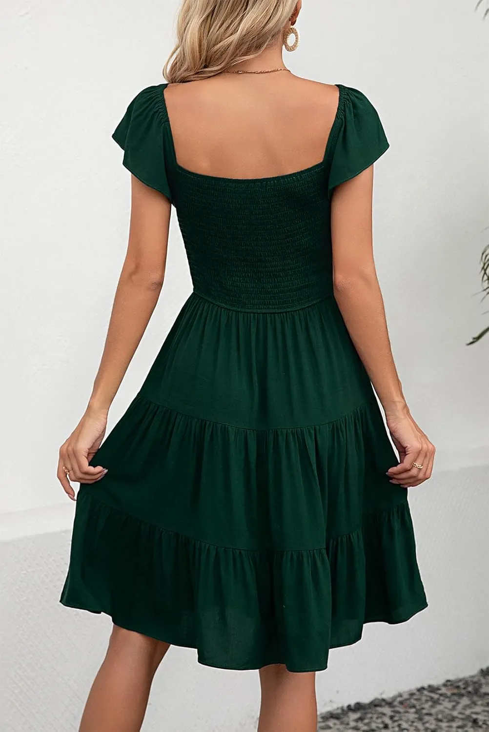 Kormei Women Smocked Square Neck Short Sleeve Boho Flowy Knee Length Sundresss Casual Summer Beach Short Dress
