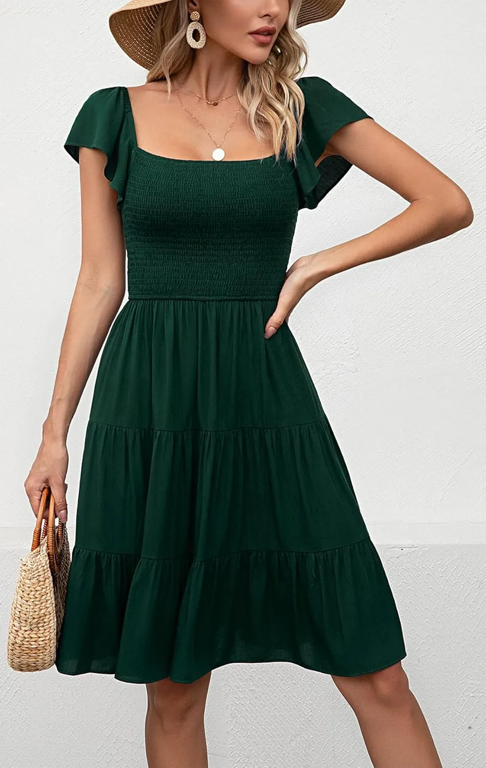 Kormei Women Smocked Square Neck Short Sleeve Boho Flowy Knee Length Sundresss Casual Summer Beach Short Dress