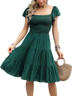 Kormei Women Smocked Square Neck Short Sleeve Boho Flowy Knee Length Sundresss Casual Summer Beach Short Dress