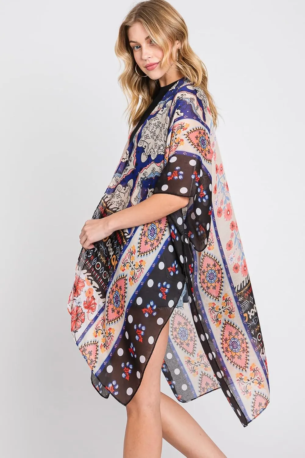 Lightweight Open Shawl Cardigan - Kimono Kaftan Poncho, Sheer Beach Swim Cover-Up Vest Floral Tassel, Tropical Leaf Print