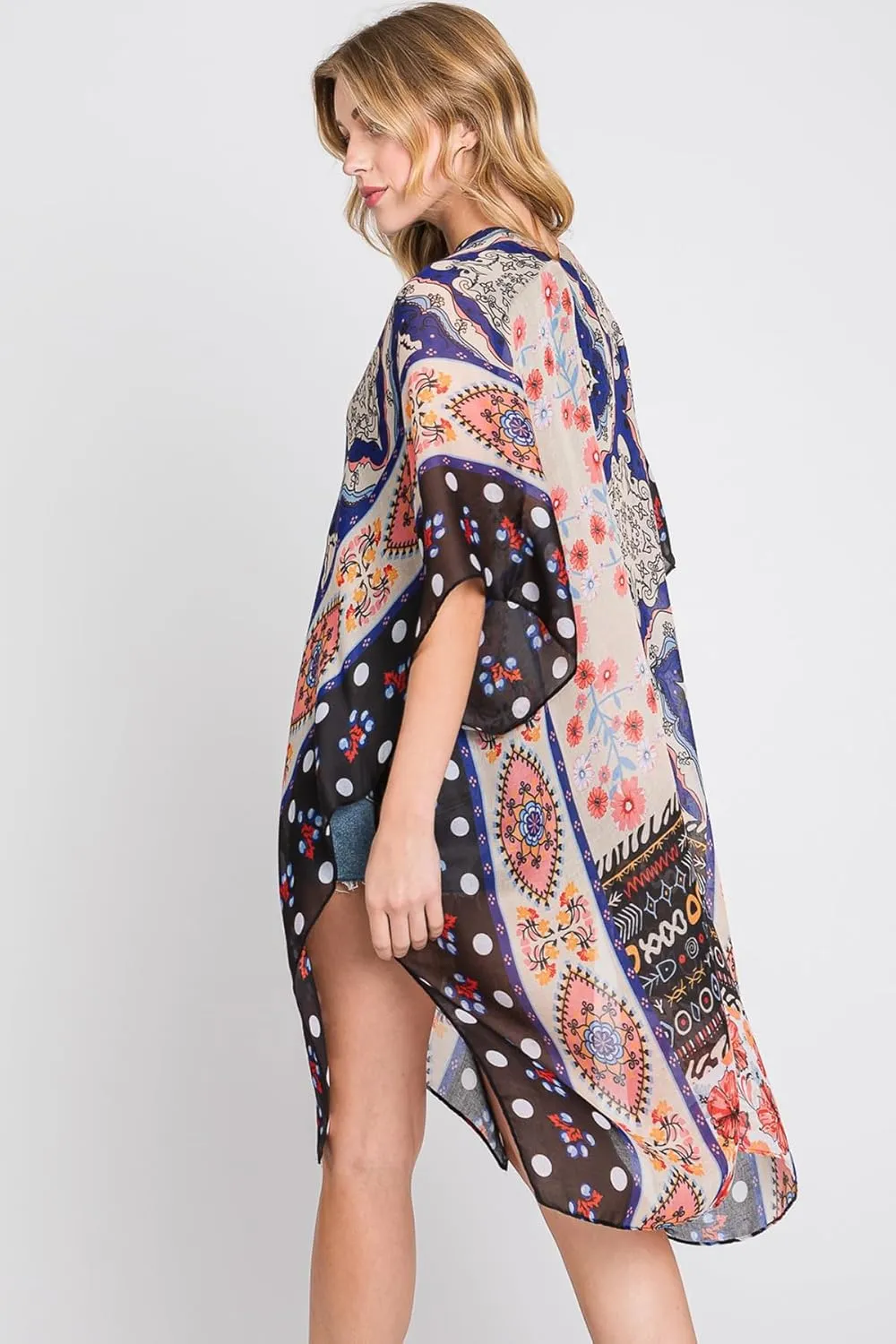 Lightweight Open Shawl Cardigan - Kimono Kaftan Poncho, Sheer Beach Swim Cover-Up Vest Floral Tassel, Tropical Leaf Print