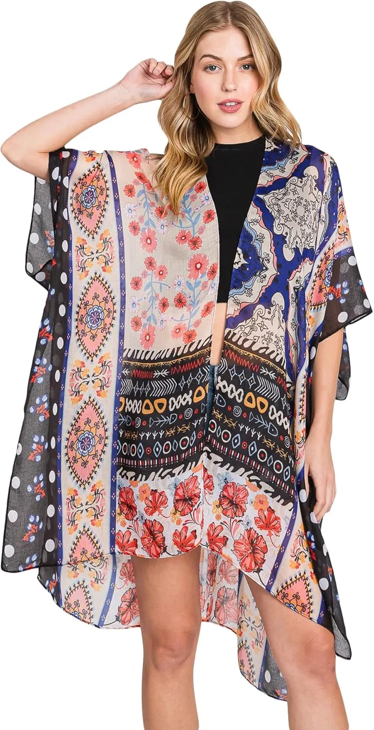 Lightweight Open Shawl Cardigan - Kimono Kaftan Poncho, Sheer Beach Swim Cover-Up Vest Floral Tassel, Tropical Leaf Print