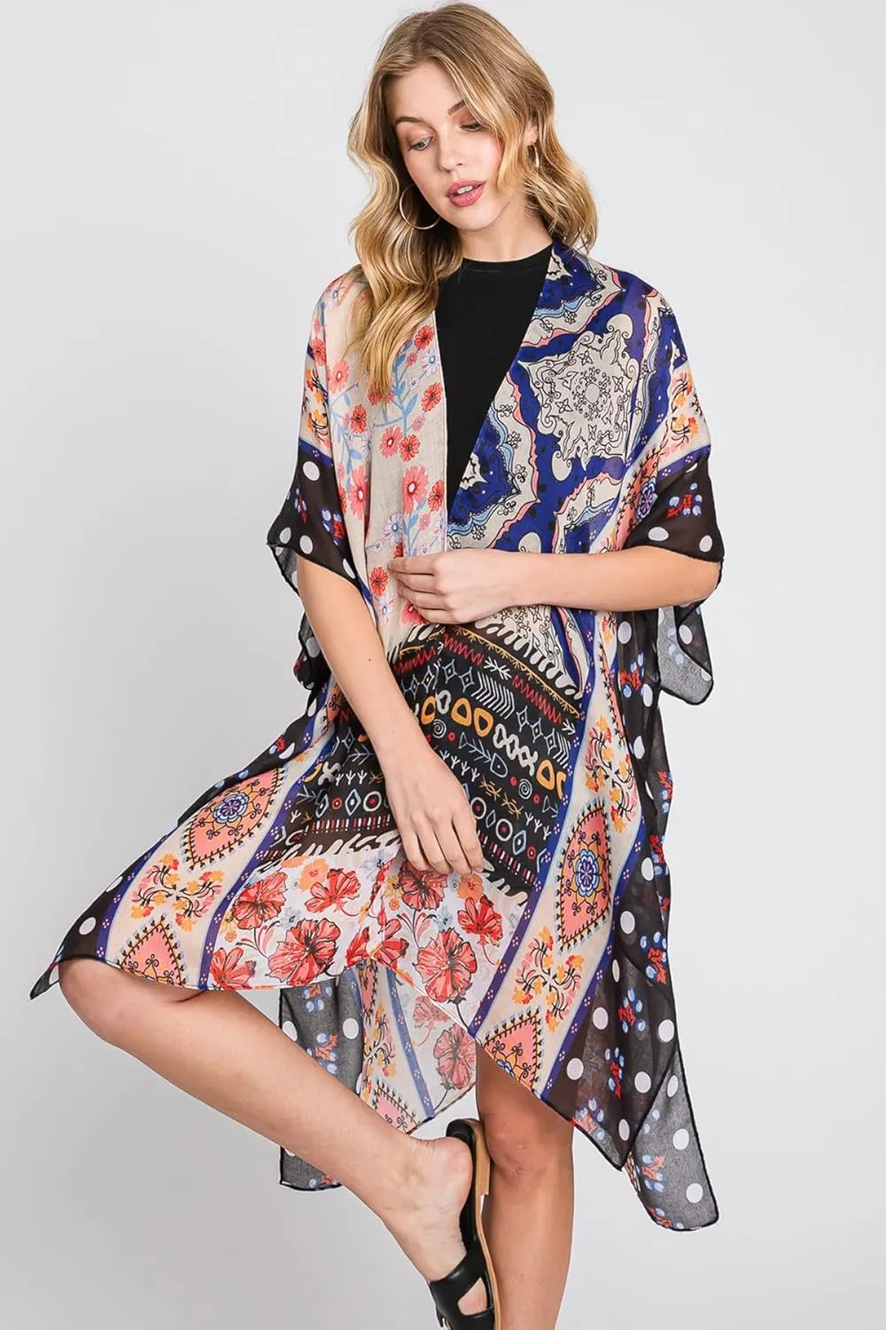 Lightweight Open Shawl Cardigan - Kimono Kaftan Poncho, Sheer Beach Swim Cover-Up Vest Floral Tassel, Tropical Leaf Print