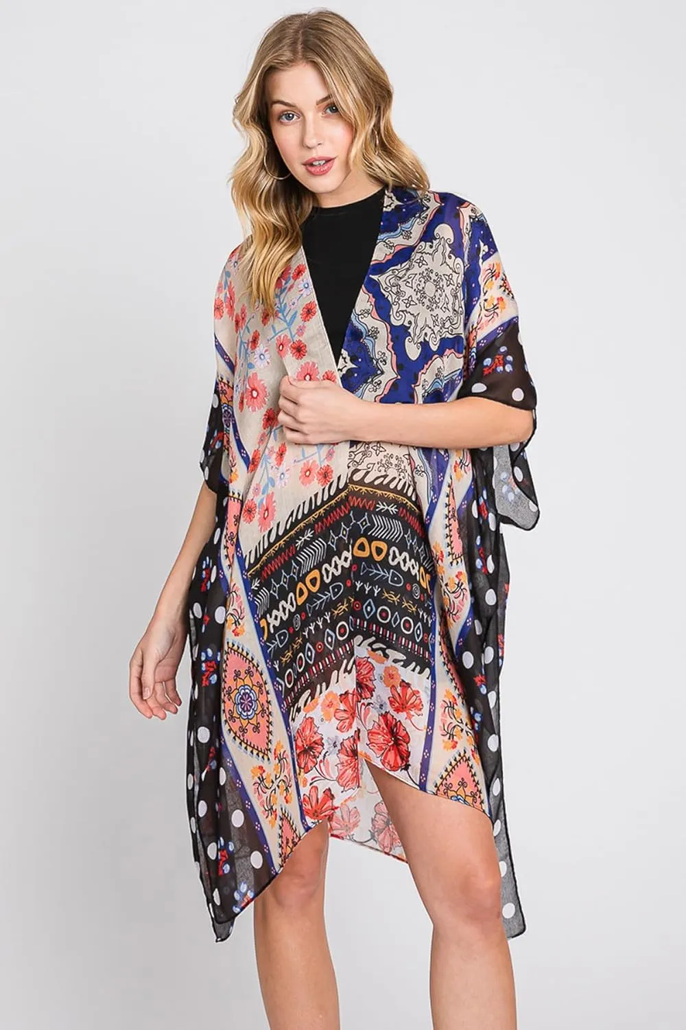 Lightweight Open Shawl Cardigan - Kimono Kaftan Poncho, Sheer Beach Swim Cover-Up Vest Floral Tassel, Tropical Leaf Print