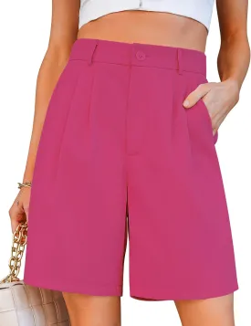 luvamia Bermuda Shorts for Women Dressy Casual High Waisted Summer Work Elastic Waist Pleated Dress Shorts with Pockets