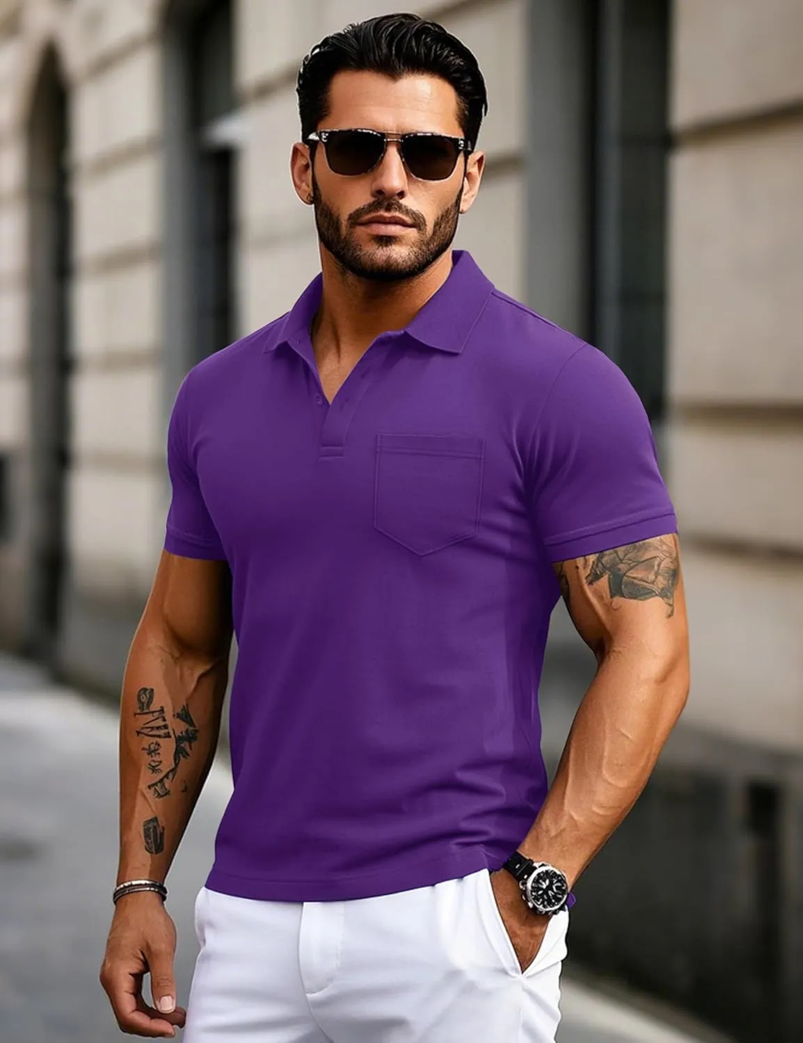 MAGCOMSEN Mens Polo Shirts Short Sleeve Cotton Pique Golf Shirts with Pocket Casual Performance Moisture Wicking Polos