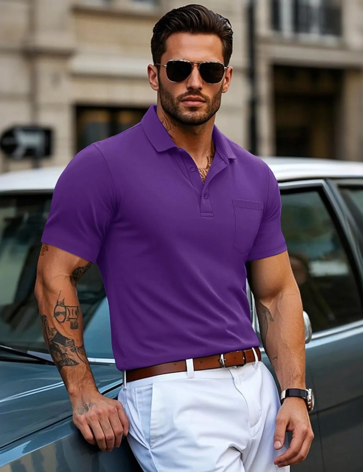 MAGCOMSEN Mens Polo Shirts Short Sleeve Cotton Pique Golf Shirts with Pocket Casual Performance Moisture Wicking Polos