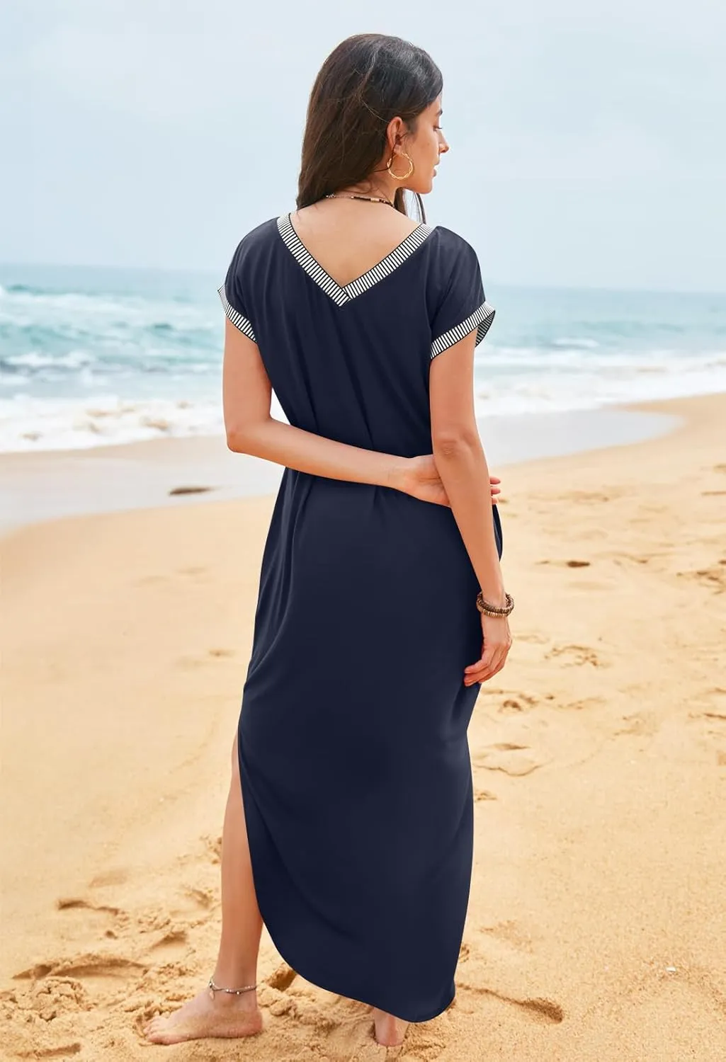 MEROKEETY Women's 2025 Spring Summer Maxi Dress Casual V Neck Split Beach Vacation Loose Long Dresses