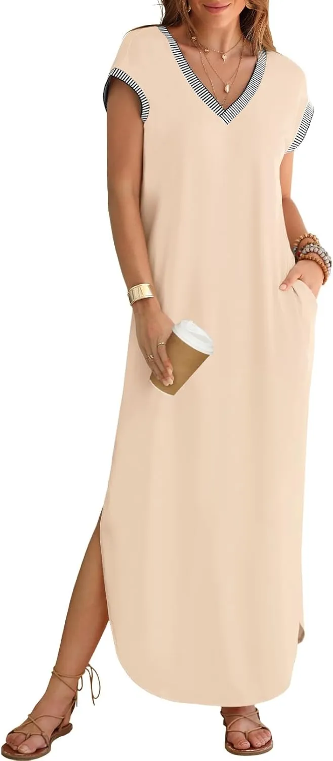 MEROKEETY Women's 2025 Spring Summer Maxi Dress Casual V Neck Split Beach Vacation Loose Long Dresses