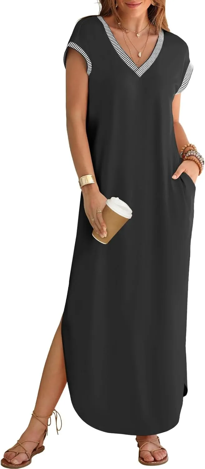 MEROKEETY Women's 2025 Spring Summer Maxi Dress Casual V Neck Split Beach Vacation Loose Long Dresses