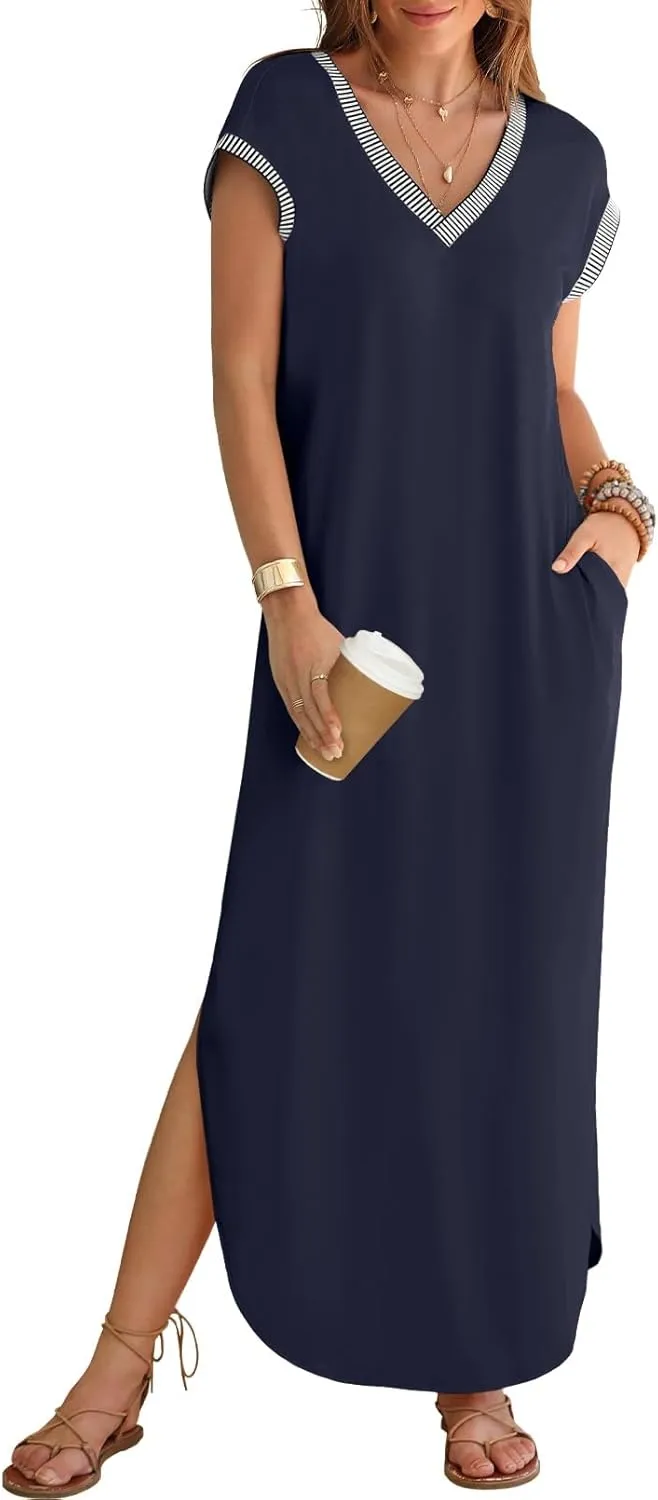 MEROKEETY Women's 2025 Spring Summer Maxi Dress Casual V Neck Split Beach Vacation Loose Long Dresses