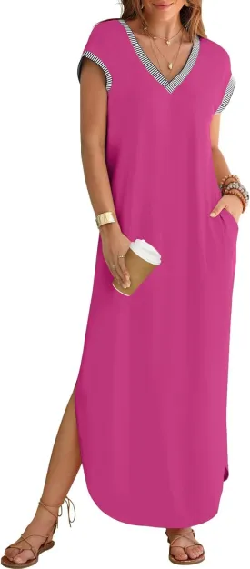 MEROKEETY Women's 2025 Spring Summer Maxi Dress Casual V Neck Split Beach Vacation Loose Long Dresses