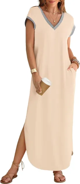 MEROKEETY Women's 2025 Spring Summer Maxi Dress Casual V Neck Split Beach Vacation Loose Long Dresses