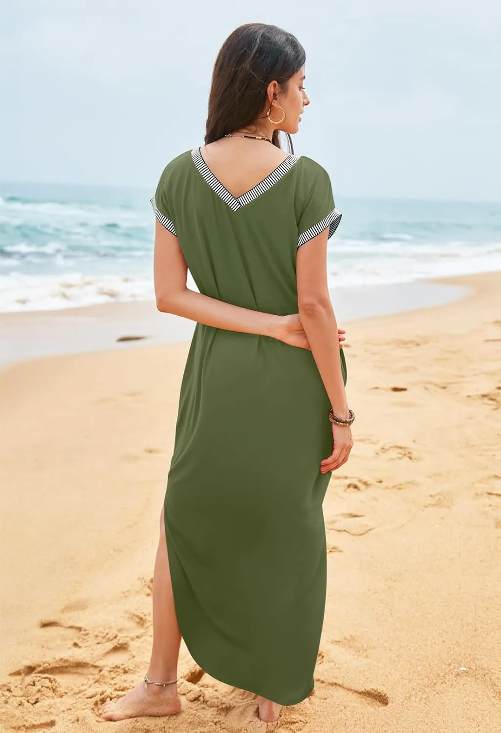 MEROKEETY Women's 2025 Spring Summer Maxi Dress Casual V Neck Split Beach Vacation Loose Long Dresses