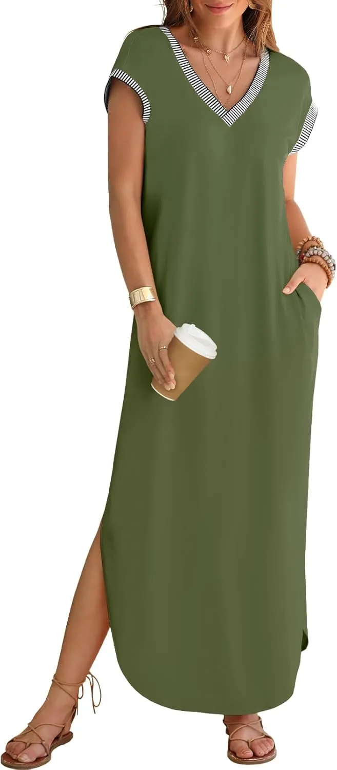 MEROKEETY Women's 2025 Spring Summer Maxi Dress Casual V Neck Split Beach Vacation Loose Long Dresses
