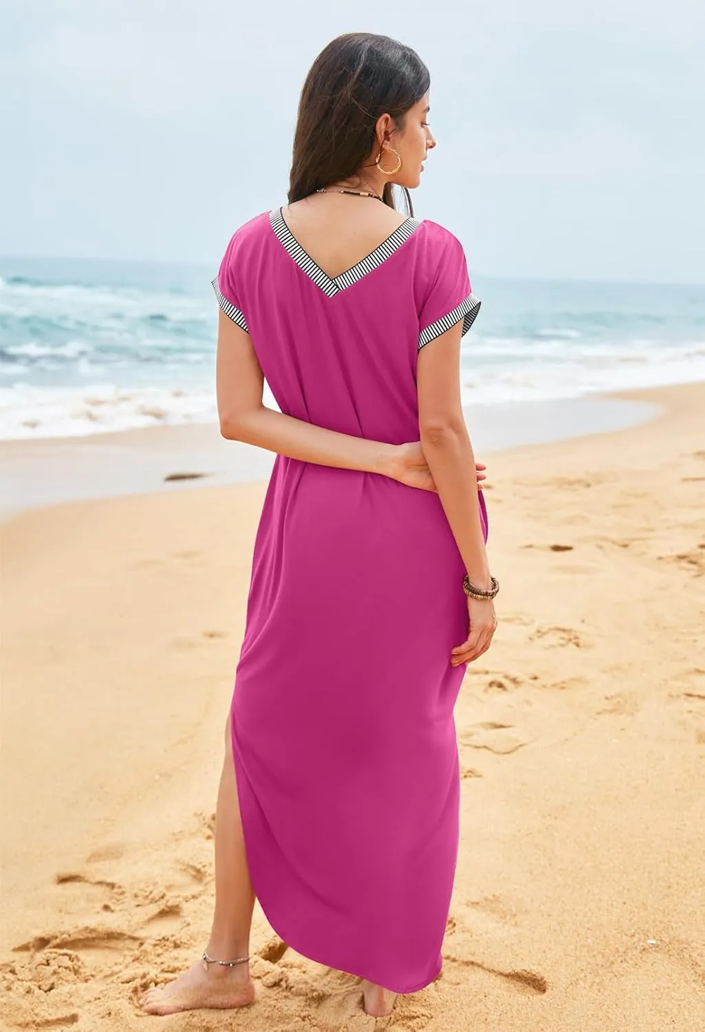 MEROKEETY Women's 2025 Spring Summer Maxi Dress Casual V Neck Split Beach Vacation Loose Long Dresses
