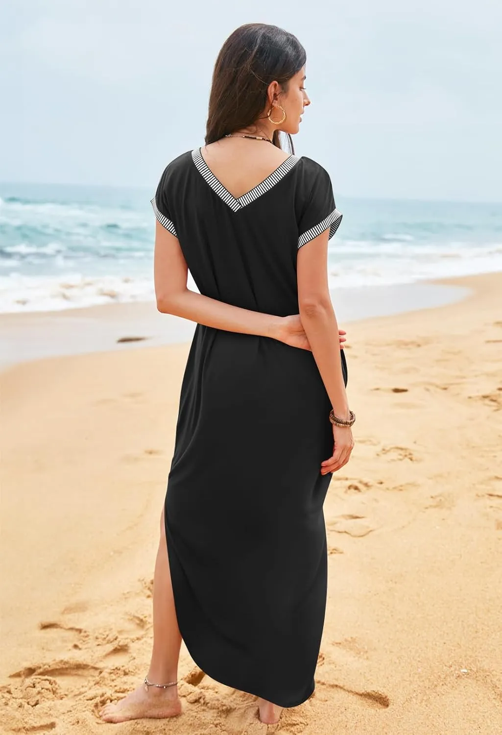 MEROKEETY Women's 2025 Spring Summer Maxi Dress Casual V Neck Split Beach Vacation Loose Long Dresses