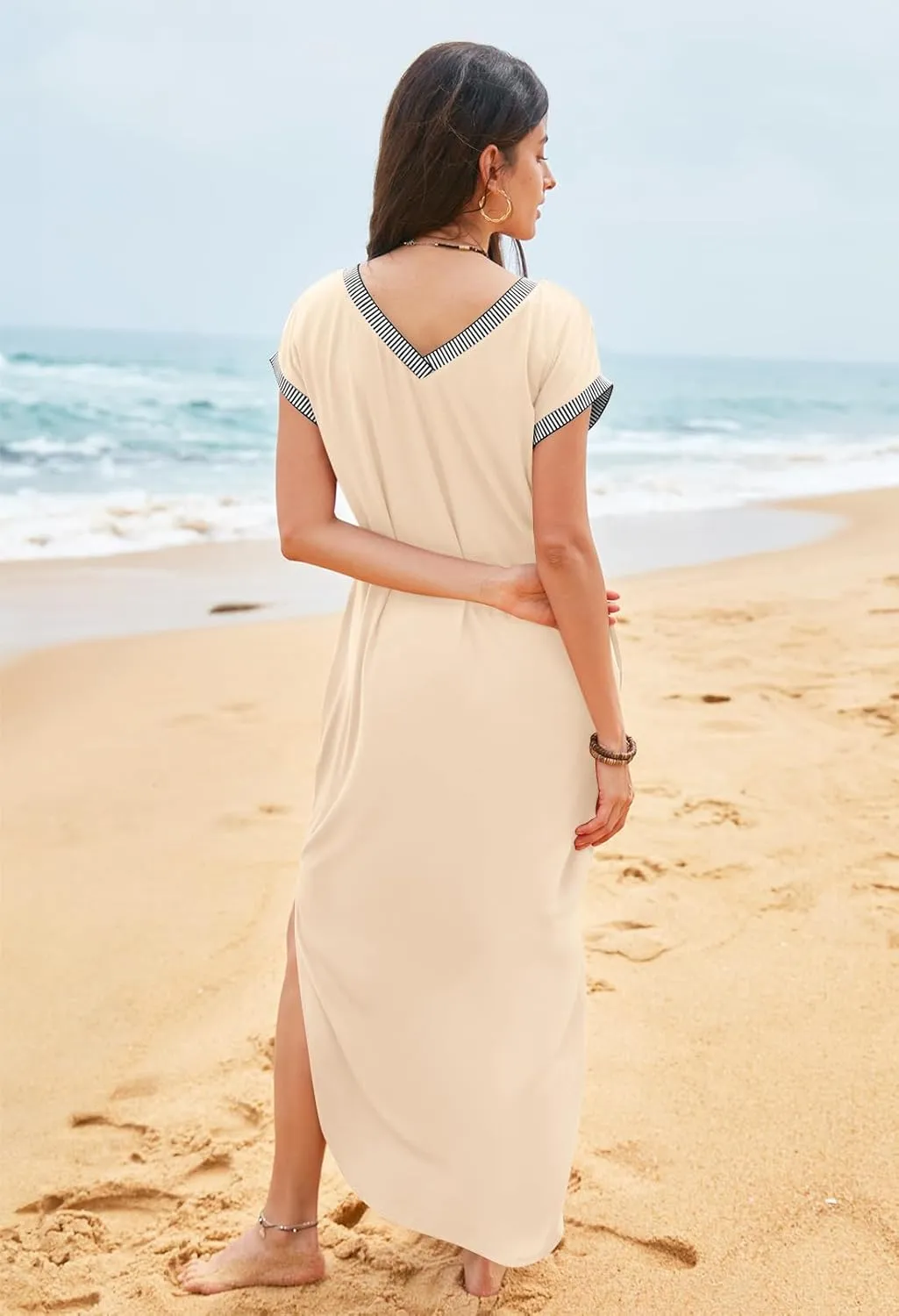 MEROKEETY Women's 2025 Spring Summer Maxi Dress Casual V Neck Split Beach Vacation Loose Long Dresses